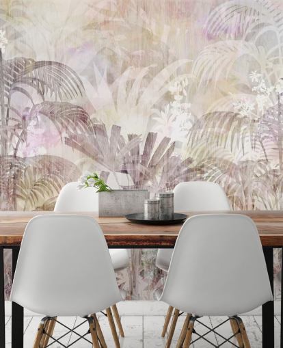 Fondo beige con siluetas de árboles descoloridas y árboles morados más oscuros en primer plano