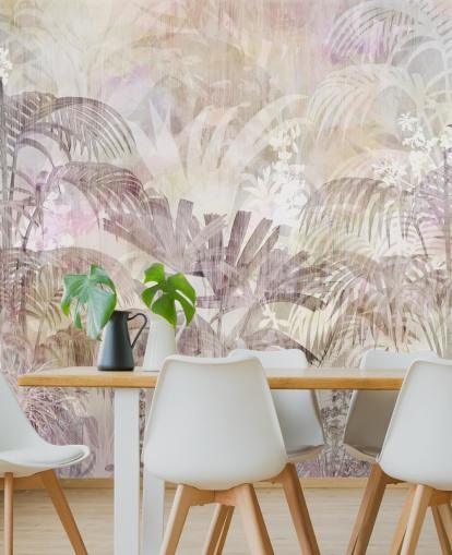 Fondo beige con siluetas de árboles descoloridas y árboles morados más oscuros en primer plano