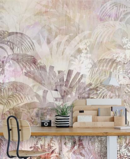 Sfondo beige con sagome di alberi sbiadite e alberi viola più scuro in primo piano