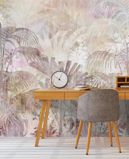 Sfondo beige con sagome di alberi sbiadite e alberi viola più scuro in primo piano Sfondo beige con sagome di alberi sbiadite e alberi viola più scuro in primo piano