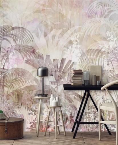 Fundo bege com silhuetas de árvores desbotadas e árvores roxas mais escuras em primeiro plano