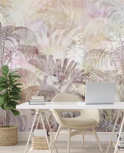 Sfondo beige con sagome di alberi sbiadite e alberi viola più scuro in primo piano