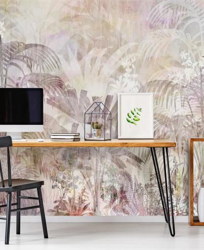 Fondo beige con siluetas de árboles descoloridas y árboles morados más oscuros en primer plano