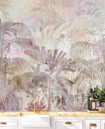 Fondo beige con siluetas de árboles descoloridas y árboles morados más oscuros en primer plano