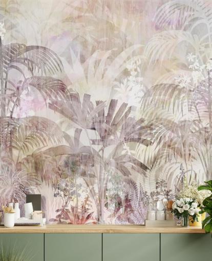 Fondo beige con siluetas de árboles descoloridas y árboles morados más oscuros en primer plano