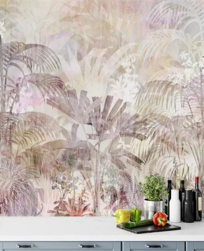 Fondo beige con siluetas de árboles descoloridas y árboles morados más oscuros en primer plano