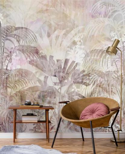 Fondo beige con siluetas de árboles descoloridas y árboles morados más oscuros en primer plano