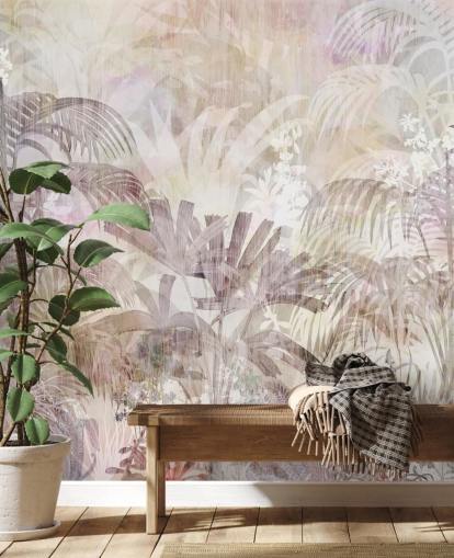 Fond beige avec des silhouettes d'arbres décolorées et des arbres violets plus foncés au premier plan