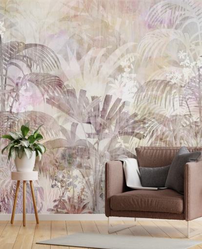 Fondo beige con siluetas de árboles descoloridas y árboles morados más oscuros en primer plano