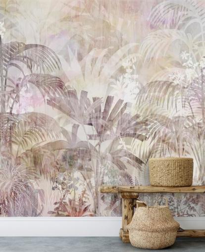 Fondo beige con siluetas de árboles descoloridas y árboles morados más oscuros en primer plano