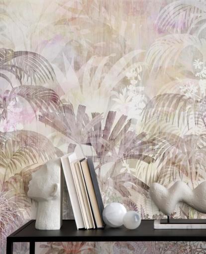 Beige background with faded tree silhouettes and darker purple trees in the foreground