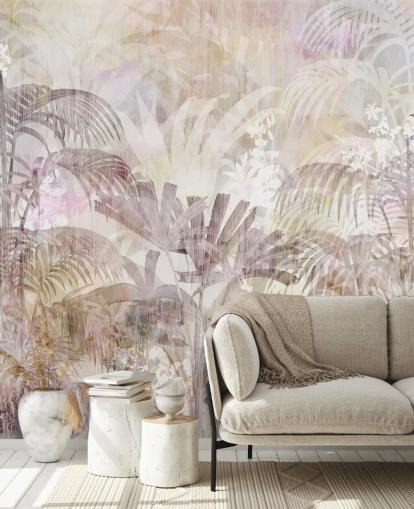 Fondo beige con siluetas de árboles descoloridas y árboles morados más oscuros en primer plano Fondo beige con siluetas de árboles descoloridas y árboles morados más oscuros en primer plano