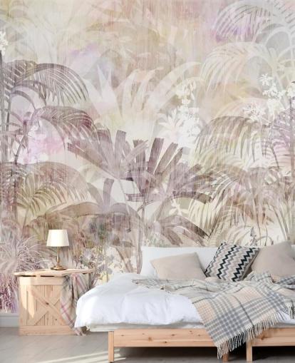 Beige background with faded tree silhouettes and darker purple trees in the foreground