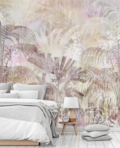 Fondo beige con siluetas de árboles descoloridas y árboles morados más oscuros en primer plano