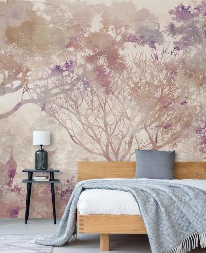 Sfondo beige con alberi marroni e uccelli con sfumature di rosso porpora e polveroso Sfondo beige con alberi marroni e uccelli con sfumature di rosso porpora e polveroso