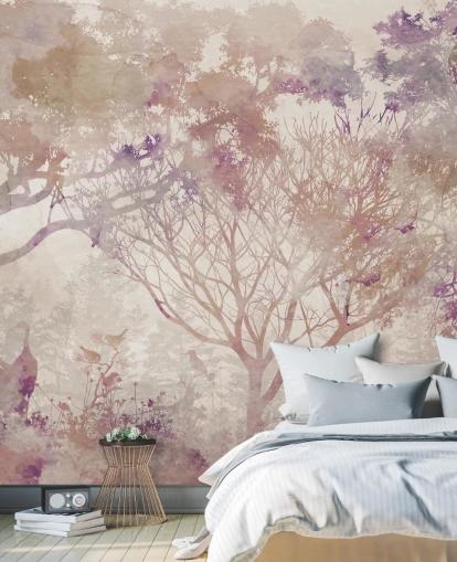 Fundo bege com árvores marrons e pássaros com notas de vermelho roxo e empoeirado