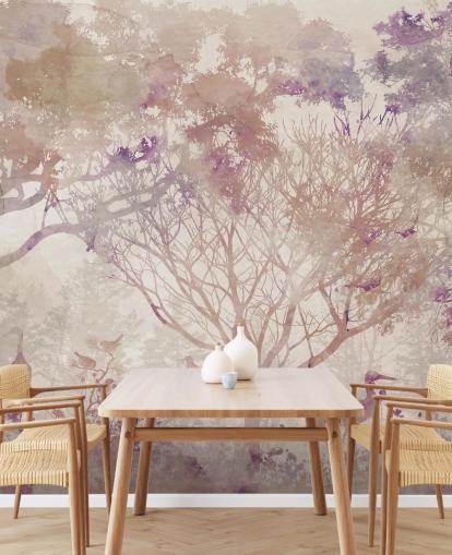 Beige background with brown trees and birds with hints of purple and dusty reds
