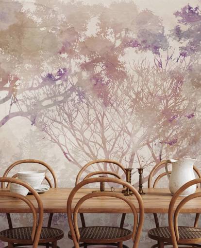 Beige background with brown trees and birds with hints of purple and dusty reds