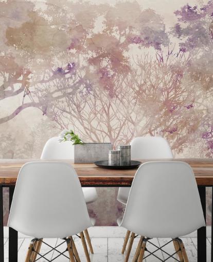 Fundo bege com árvores marrons e pássaros com notas de vermelho roxo e empoeirado Fundo bege com árvores marrons e pássaros com notas de vermelho roxo e empoeirado