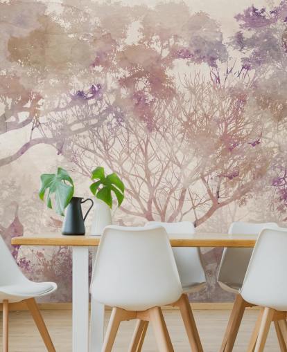 Fond beige avec des arbres bruns et des oiseaux avec des notes de violet et de rouge poussiéreux Fond beige avec des arbres bruns et des oiseaux avec des notes de violet et de rouge poussiéreux