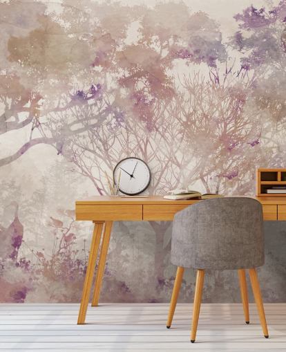 Beige achtergrond met bruine bomen en vogels met hints van paars en stoffig rood