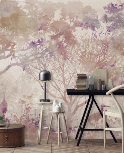 Beige background with brown trees and birds with hints of purple and dusty reds