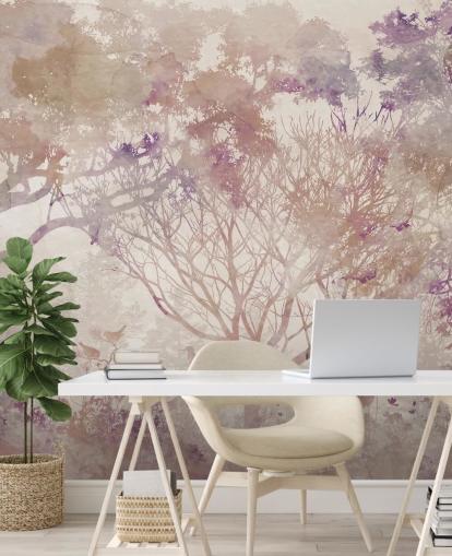 Fondo beige con árboles y pájaros marrones con toques de rojo púrpura y polvoriento