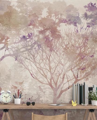 Beige background with brown trees and birds with hints of purple and dusty reds