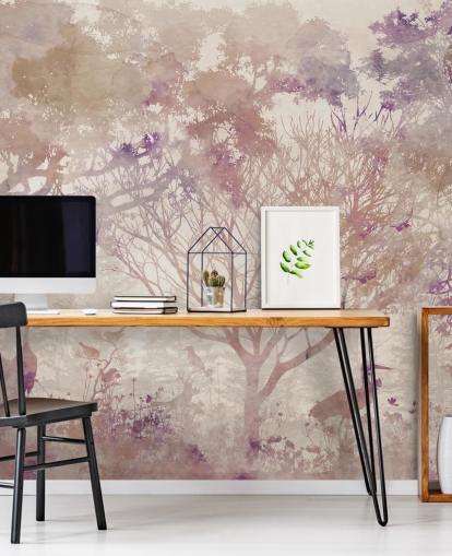 Beige background with brown trees and birds with hints of purple and dusty reds Beige background with brown trees and birds with hints of purple and dusty reds