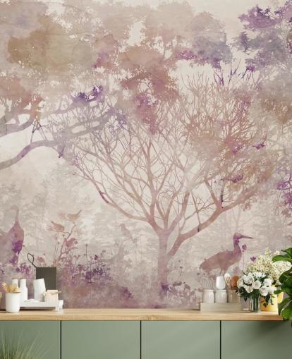 Beige background with brown trees and birds with hints of purple and dusty reds Beige background with brown trees and birds with hints of purple and dusty reds