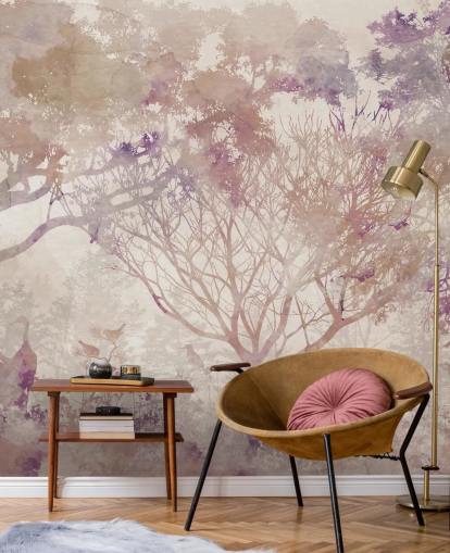 Sfondo beige con alberi marroni e uccelli con sfumature di rosso porpora e polveroso