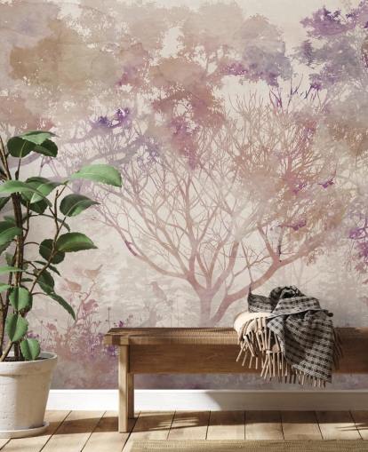 Fondo beige con árboles y pájaros marrones con toques de rojo púrpura y polvoriento