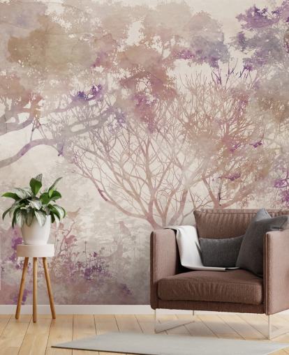 Sfondo beige con alberi marroni e uccelli con sfumature di rosso porpora e polveroso