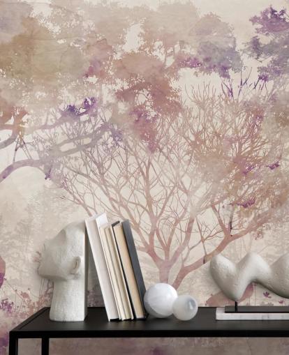 Beige background with brown trees and birds with hints of purple and dusty reds