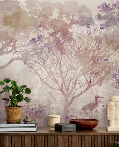 Beige background with brown trees and birds with hints of purple and dusty reds