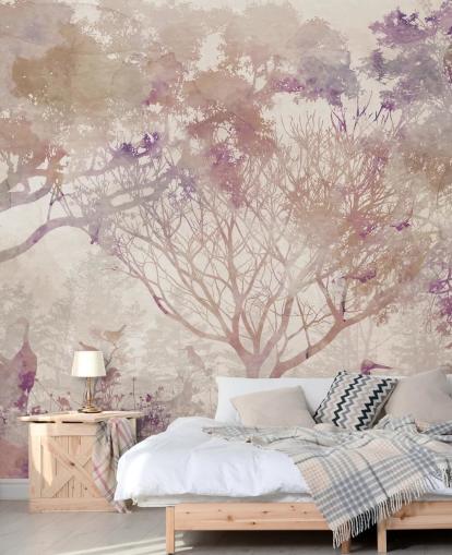 Beige background with brown trees and birds with hints of purple and dusty reds Beige background with brown trees and birds with hints of purple and dusty reds
