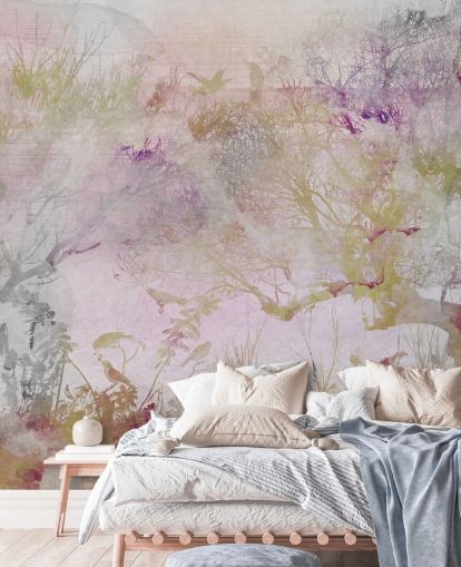 Light purple background with purple, green and red trees in watercolor style