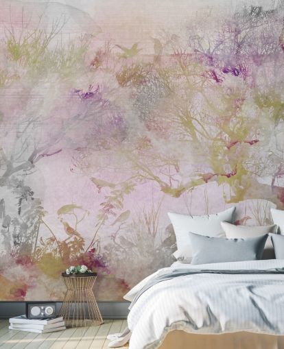 Light purple background with purple, green and red trees in watercolor style