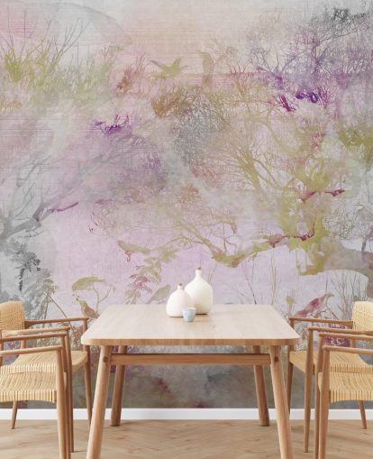 Light purple background with purple, green and red trees in watercolor style