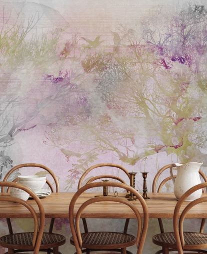 Light purple background with purple, green and red trees in watercolor style