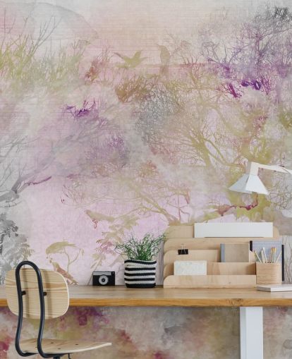 Light purple background with purple, green and red trees in watercolor style