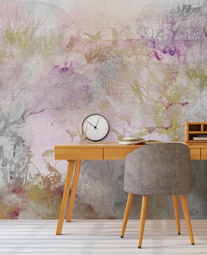 Light purple background with purple, green and red trees in watercolor style Light purple background with purple, green and red trees in watercolor style