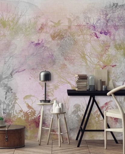 Light purple background with purple, green and red trees in watercolor style Light purple background with purple, green and red trees in watercolor style