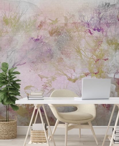 Light purple background with purple, green and red trees in watercolor style