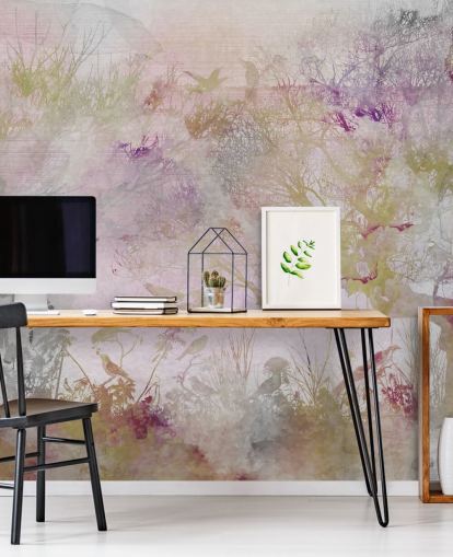 Light purple background with purple, green and red trees in watercolour style