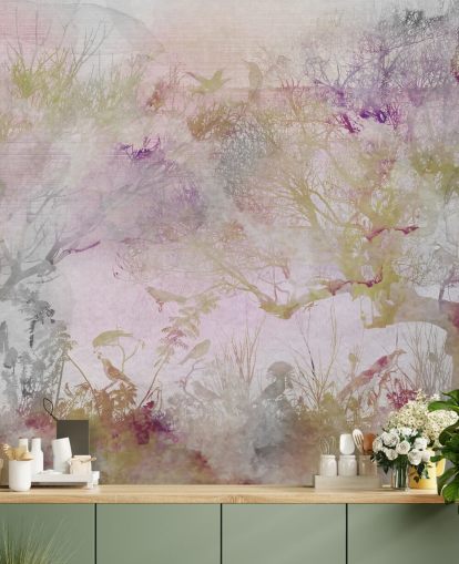 Light purple background with purple, green and red trees in watercolour style Light purple background with purple, green and red trees in watercolour style