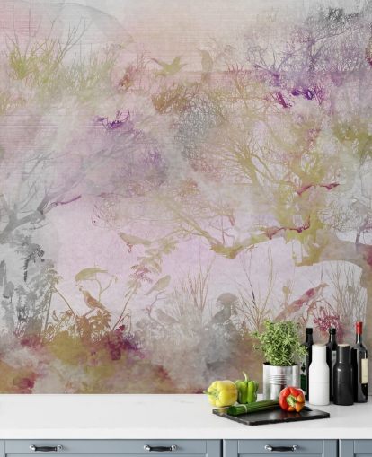 Light purple background with purple, green and red trees in watercolour style Light purple background with purple, green and red trees in watercolour style