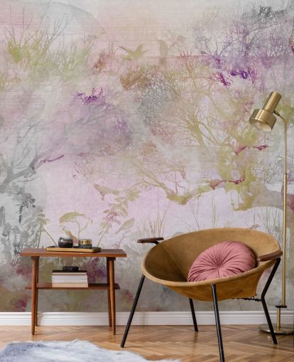 Light purple background with purple, green and red trees in watercolour style