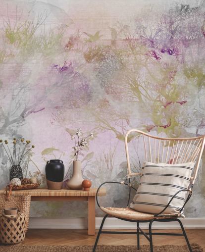 Light purple background with purple, green and red trees in watercolor style