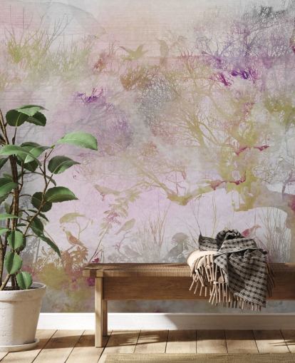 Light purple background with purple, green and red trees in watercolour style Light purple background with purple, green and red trees in watercolour style